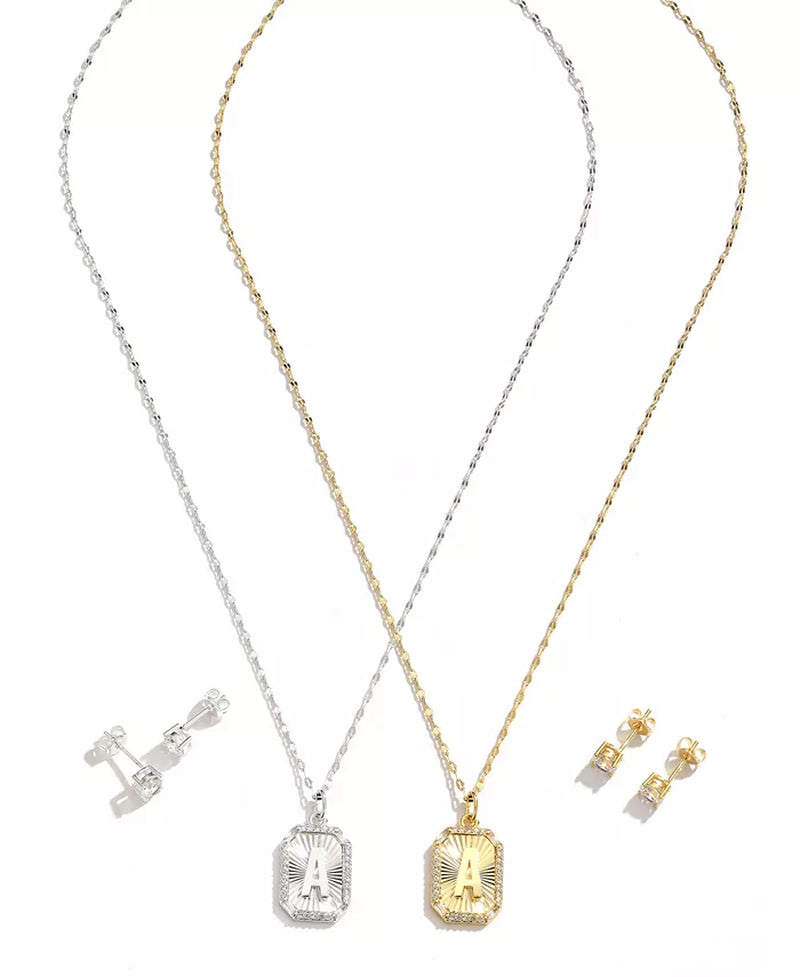 Cubic Zirconia Initial Pendant Necklace and Stud Earring Set