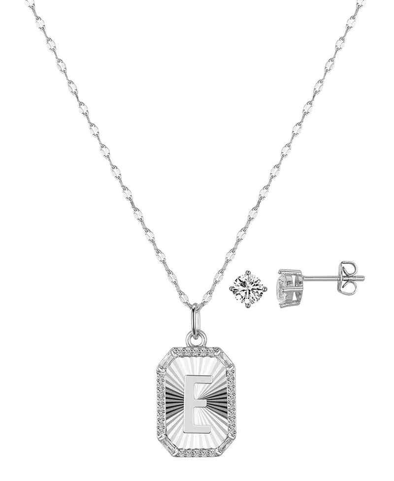 Cubic Zirconia Initial Pendant Necklace and Stud Earring Set